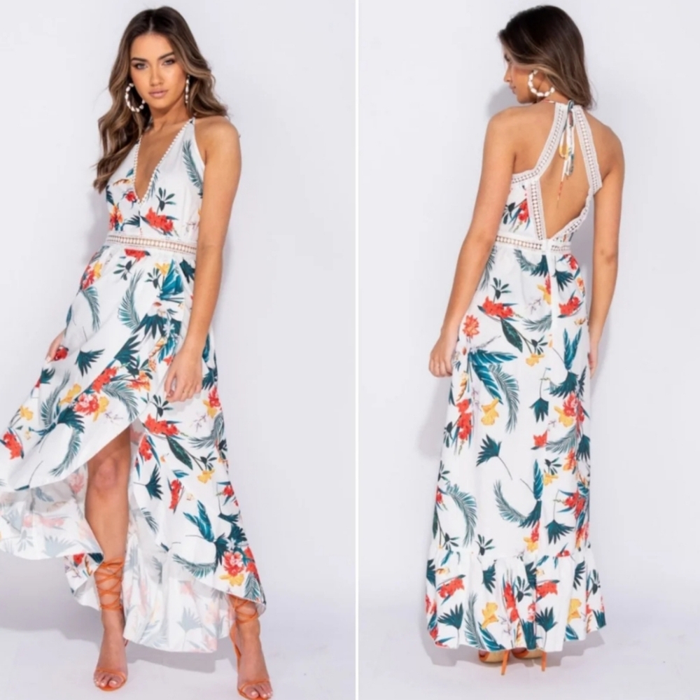 *1 LEFT *Embroidered Faux Wrap Floral Halter Maxi